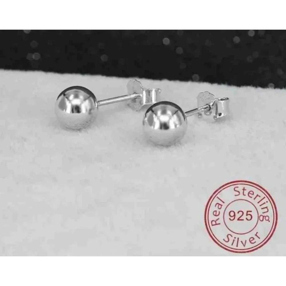 Unisex Men's 925 Sterling‎ Silver Silver Ball Stud Earrings, 8mm